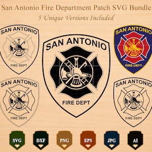 Könnte beinhalten: Ein digitales Grafikpaket mit fünf Versionen des Abzeichens der Feuerwehr von San Antonio. Die Designs umfassen schwarz-weiße Strichzeichnungen, eine einfarbige schwarze Silhouette und ein farbiges Emblem in Blau, Rot und Gold mit Feuerwehrausrüstung.
