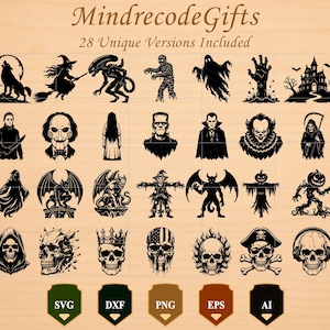 May include: A collection of 28 black silhouette graphics featuring horror and Halloween themes, including skulls, monsters, ghosts, and haunted houses. The text MindrecodeGifts and 28 Unique Versions Included appears at the top, with SVG, DXF, PNG, EPS, and AI labels at the bottom.