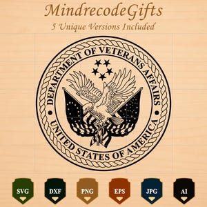 May include: A black and white digital graphic of the Department of Veterans Affairs seal featuring a central eagle, two flags, and five stars, enclosed in a rope-style border. Text reads MindrecodeGifts, 5 Unique Versions Included, and file formats.