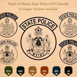 Pacote de arquivos SVG com o emblema da Polícia Estadual do Maine, incluindo o distintivo, a insígnia e os arquivos de corte para Cricut e Silhouette da Polícia Estadual do Maine.
