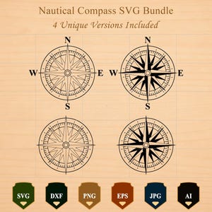 Könnte beinhalten: Ein digitales Grafikset mit dem Titel Nautical Compass SVG Bundle 4 Unique Versions Included mit vier schwarzen Kompassrosen-Designs mit den Himmelsrichtungen N, S, O und W. Darunter befinden sich sechs schildförmige Symbole für SVG, DXF, PNG, EPS, JPG und AI.