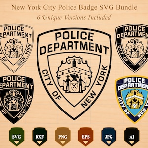 May include: A digital graphic bundle featuring six versions of the New York City Police Department badge. The designs include black and white outlines, solid black silhouettes, and one full-color blue and gold shield, with file format labels.