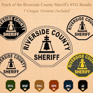 May include: A digital graphic bundle featuring five versions of the Riverside County Sheriff patch logo. Each design displays a bell icon with the text Riverside County Sheriff. File format icons for SVG, DXF, PNG, EPS, JPG, and AI are included.