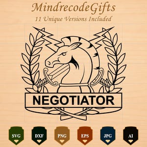 May include: A black and white digital graphic design featuring a stylised horse head centred within a laurel wreath, flanked by two crossed swords and lightning bolts. A banner below the horse contains the text NEGOTIATOR in bold letters.