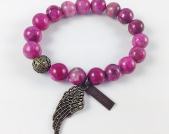 Purple/Pink Agate Stretch Believe Bracelet, Angel Wing Bracelet
