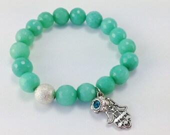 Aqua Jade Gemstones Stretch Beaded Bracelet With Hamsa Charm