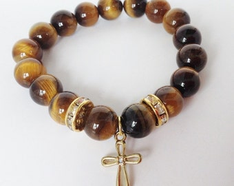 Tiger's Eye Stretch Beaded Cross Charm Bracelet