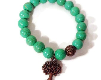 Grüne Howlite Stretch Perlen Armband Baum des Lebens Charme