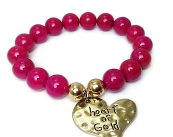 Hot Pink Fossilien Stretch Perlen Charm Herz aus Gold Armband, Muttertagsgeschenk
