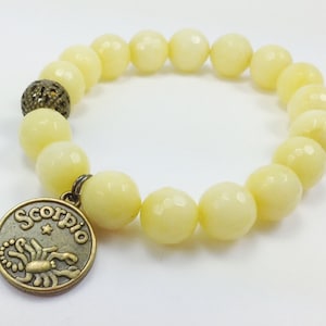 Scorpio Zadiac Sign Charm Yellow Jade Beaded Bracelet