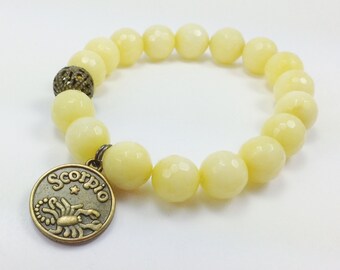 Scorpio Zadiac Sign Charm Yellow Jade Beaded Bracelet