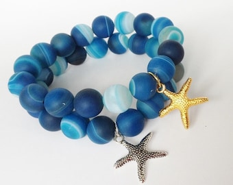 Blue Striped Agate Frosted Starfish Charm Stretch Beaded Bracelet