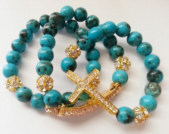 Turquoise Gold Sideways Cross Gold Sideways Bar set of 3