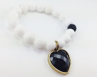 White Faceted  Agate Stretch Beaded Bracelet with a Black Heart Charm