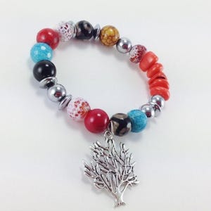 Beaded Bracelet Tree Of Life Agate Bracelet, Colorful Stretch Bracelet, Copper Disc Charm Bracelet, Stackable Jewelry Gift