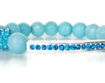 Blue Agate Sidebar Stretch Beaded Bracelet with Pave Bead Spacer