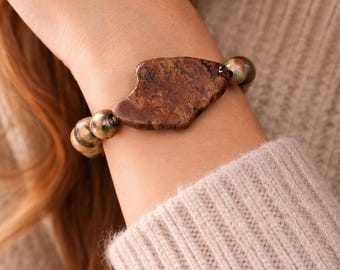 Braun Howlith Platte Stretch Armband, Crazy Lace Achat Perlen Armband, Naturstein Schmuck, Erde Ton Armband Boho Kristall Armband Geschenk