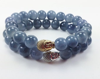 Herren Buddha-Kopf Grau Glas Stretch Perlen Armband
