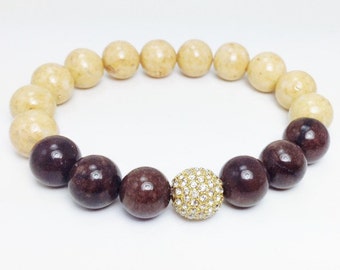 Fossilien und Achat Stretch Armband mit Gold Pave Spacer