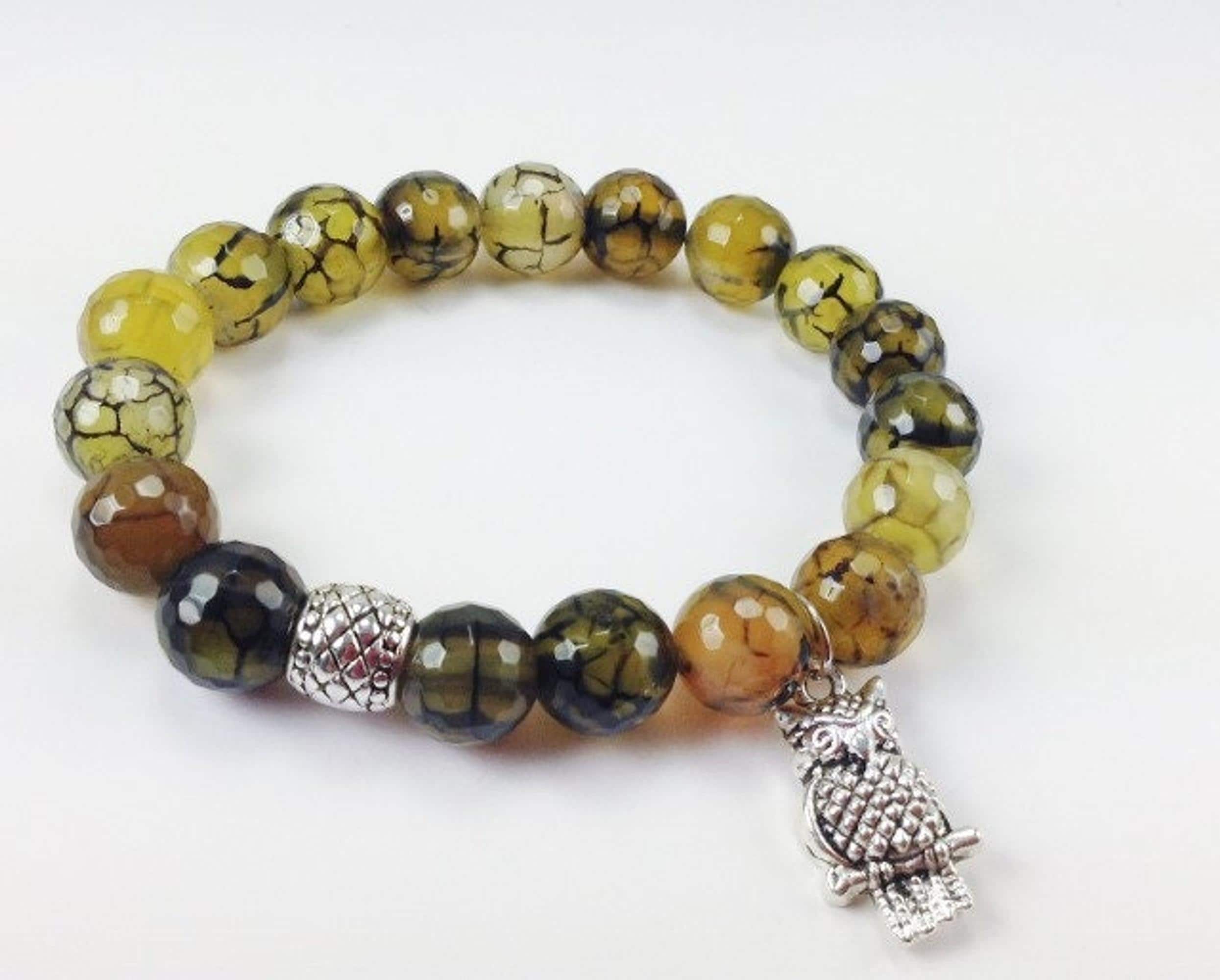 Dragon Veins Agate Bracelet, Owl Charm Bracelet, 10mm Black Yellow Green Agate Stretch Bracelet, Tib