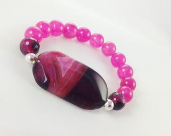 Pink agate bracelet womens stretch bracelet, 10mm gemstone bracelet, tibetan beads, agate stone stackable bracelet gift under 25