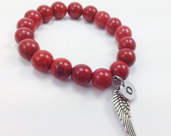 Rot Türkis Engelsflügel mit Initial Perlen Stretch Armband