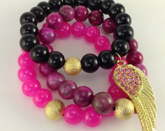 Pink and Black Agate Stretch Beaded Angel Wing Bracelet Set of 3 bracelets