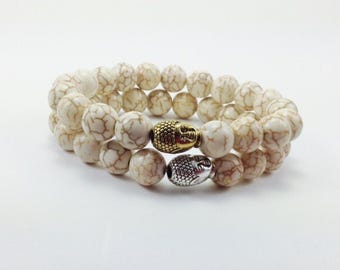 Mala Bracelet Turquoise Yoga Bracelet, Buddha Stretch Band, White Mala Style Stackable Jewelry, Gray Veined Beads Gift For Boyfriend