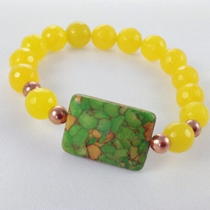 Mustard Stretch Beaded Bracelet, Green Mosaic Turquoise Stretch Beaded Bracelet, Chunky Beaded Bracelet, Gift under 25