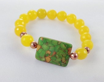 Grünes Mosaik-Türkis-Armband, Senf Jade, Stretch Perlen