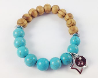 Türkis Holz Perlen Stretch Armband, Silber Charm