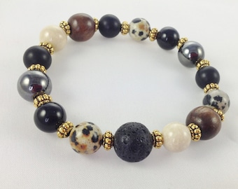 Herren Perlenarmband, Onyx, Dalmatiner Jaspis, Lavastein, Fossile Perlen