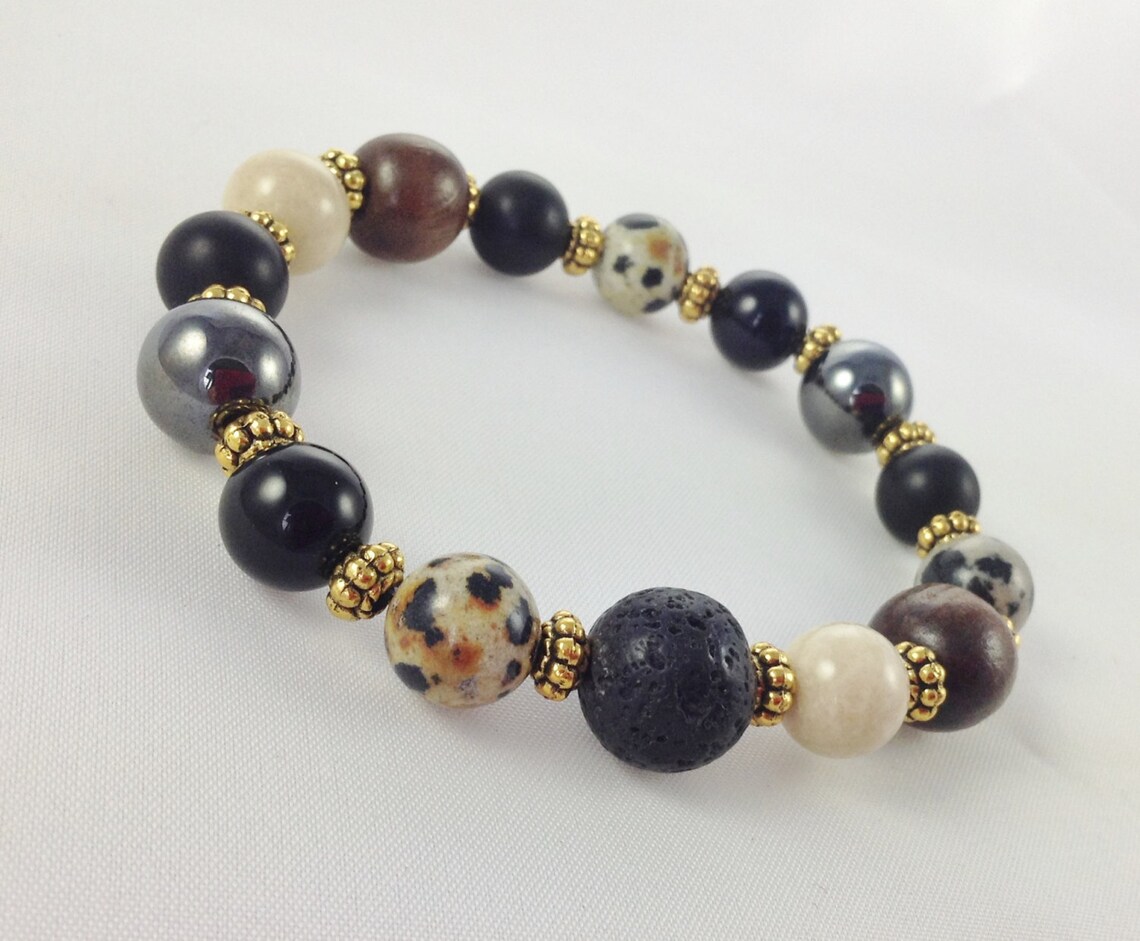 Men's Onyx Stretch Beaded Bracelet, Fossil Beaded Men's Bracelet, Men's Jewerly, Gift for Him Etsy