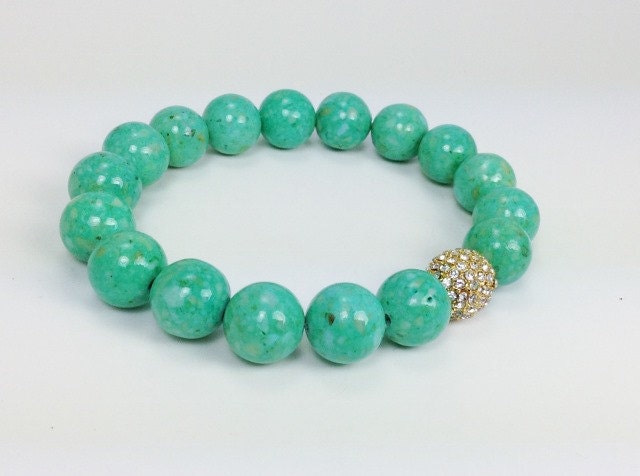 Green Fossil Bracelet with Gold Metal Pave Bead Spacer Stretch Beaded Bracelet Mother's Day Gift