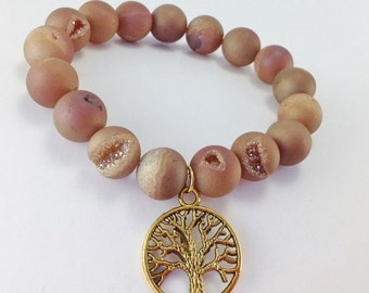 Tree of Life Champagne Druzy Quartz Stretch Beaded Charm Bracelet