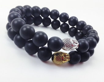 Men's Buddha Black Matte Onyx Stretch Beaded Bracelet