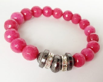 Pink Faceted Jade Stretch Beaded Bracelet