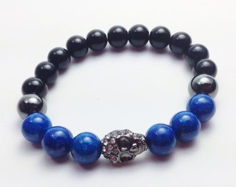 Herren Blau Fossil & Onyx Perlen Armband mit Strass Schädel