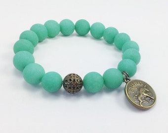 Taurus Zodiac Sign Green Jade Beaded Stretch Bracelet