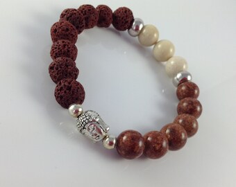 Herren Buddha Lava Fossilien Perlen-Stretcharmband