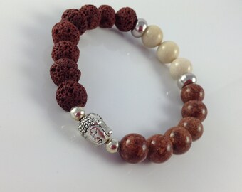 Men's Buddha Red Lava Stretch Bracelet, Fossil Stretch Beaded Bracelet, Brown Stretch Bracelet