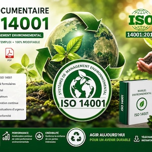 Op de afbeelding: Afbeelding ter promotie van documentatie voor het ISO 14001 milieumanagementsysteem. Het ontwerp toont een wereldbol met recyclingpijlen, een ontkiemende plant en het ISO-logo. Tekst bevat "Pack Documentaire ISO 14001" en "Manuel Environnemental".