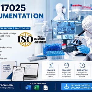 May include: An ISO 17025 Documentation Kit advertisement. The image features a laboratory setting with scientists, lab equipment, and text that reads "ISO 17025 DOCUMENTATION KIT". The kit includes quality manuals, procedures, and templates.
