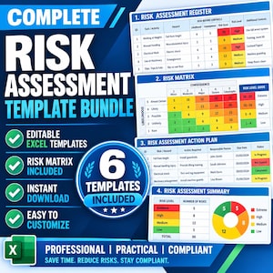 May include: A digital bundle of six risk assessment templates featuring a risk assessment register, risk matrix, action plan, and summary. The blue and white graphic includes text stating Complete Risk Assessment Template Bundle and 6 Templates Included.