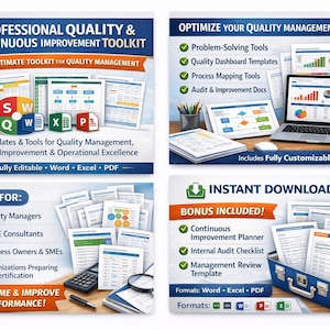 Könnte beinhalten: Ein digitales Toolkit für Qualitätsmanagement mit Vorlagen und Tools zur Prozessverbesserung und operativen Exzellenz. Enthält anpassbare Vorlagen, Tools zur Problemlösung und Auditdokumente. Formate: Word, Excel und PDF.