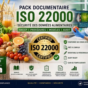 Peut inclure: Image promotionnelle pour la conformité en matière de sécurité alimentaire, avec le texte « ISO 22000 » et « Sécurité des denrées alimentaires ». L'image comprend des produits frais, du matériel de laboratoire et une personne en blouse blanche.
