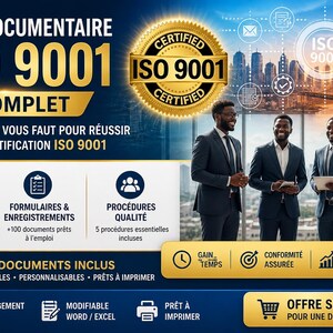 May include: A digital marketing graphic for an ISO 9001 documentation pack. The text reads PACK DOCUMENTAIRE ISO 9001 COMPLET, featuring a gold certified seal, icons for processes and forms, and a group of four professionals in business suits.