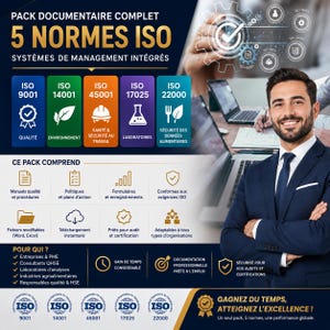 Può includere: Immagine promozionale per la certificazione ISO, con un uomo in giacca e grafica. L'immagine mostra il testo "5 NORMES ISO" e icone che rappresentano gli standard ISO 9001, 14001, 45001, 17025 e 22000. È presente anche il testo "Gagnez du temps, atteignez l'excellence!"