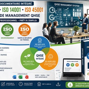 Może przedstawiać: Obraz promujący system zarządzania QHSE, z książką, laptopem i prezentacją. Książka wyświetla logo ISO 9001, 14001 i 45001. Scena obejmuje spotkanie biznesowe z prezentacją.