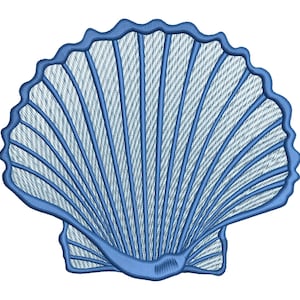 May include: A blue embroidered seashell design. The seashell has a detailed, fan-like pattern with a scalloped edge. The design is on a white background, creating a clean and simple aesthetic. This image is suitable for coastal or nautical-themed crafts.